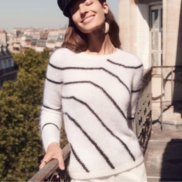 Sezane Paige Mohair Merino Wool White Ecru Black Stripe Sweater Jumper Sz Small - Picture 2 of 13